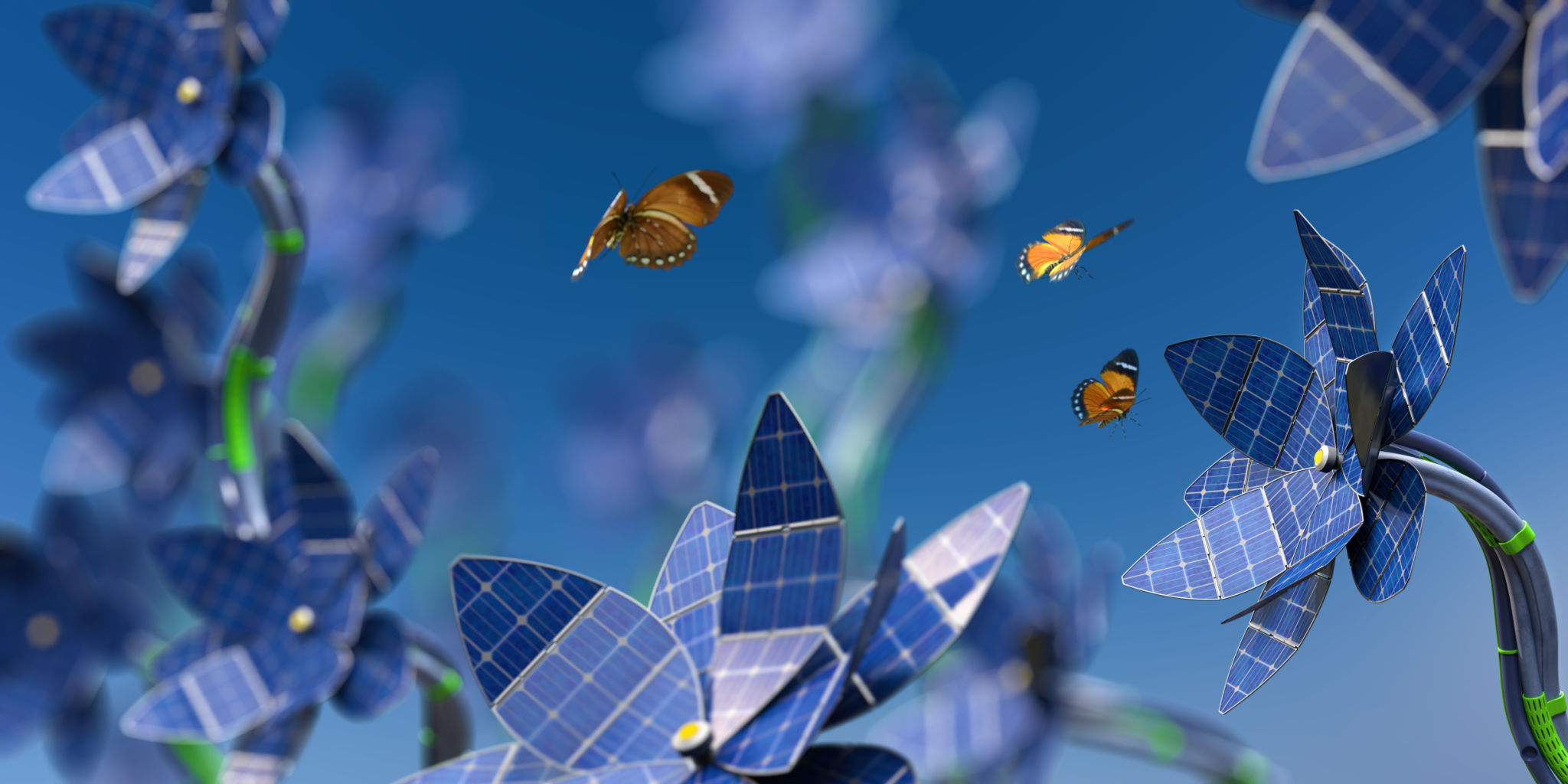 A macro image with shallow depth of field of a group of futuristic flowers with petals made from solar panels and stem made from cables. Three Orange Forester butterflies are in mid flight amongst the flowers. Butterflies have blurred motion. Focus is on the flower on the right hand side.